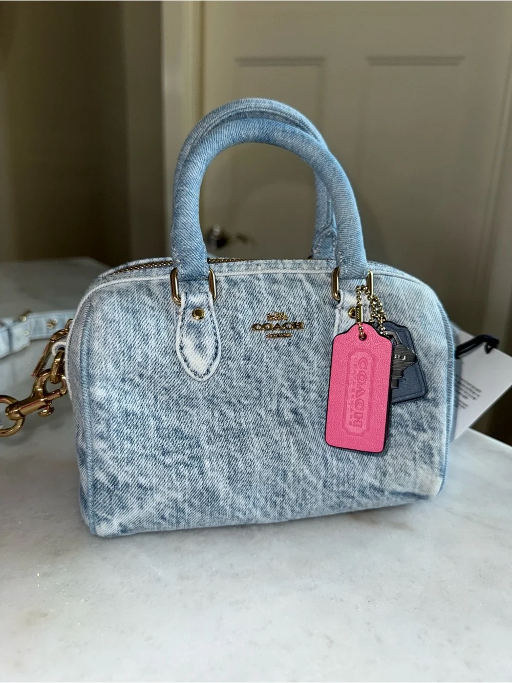 COACH Denim Mini Rowan with Pink Tag - Picture 3 of 8